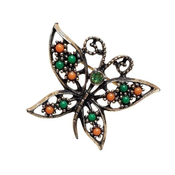 1980 Sarah Cov Butterfly Brooch Pin Costume Designer Jewelry Peach Green Vintage - Picture 1 of 5